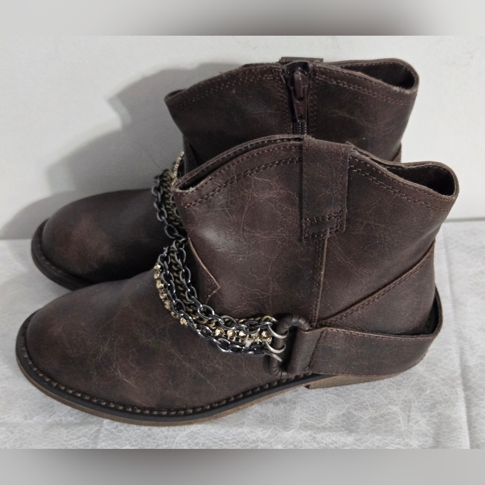 Candie's Girl 3 Brown Combat Moto Ankle Boots Chains Zipper - Picture 3 of 11